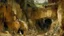 Placeholder: A beige underground granite mine covered in paint designed in medieval tapestry painted by George Inness