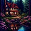 Placeholder: a painting of a house next to a body of water, cottage in the forest, idyllic cottage, cottage in the woods, cottagecore!!, solitary cottage in the woods, beautiful detailed scene, beatiful house, cottagecore, little cottage, house in forest, beautiful house on a forest path, spring evening, flowery cottage