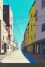 Placeholder: Bauhaus style city street, sloped street, street scene, cel - shading, flcl, jet set radio future, golden hour, Swedish town, concentrated buildings, swedish neighborhood, electrical wires, cel - shaded, strong shadows, vivid hues, y 2 k aesthetic