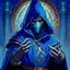 Placeholder: 90's fantasy tcg art of a hooded man with a spiral mask in a blue circus