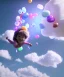 Placeholder: Ultra realistic speed clouds sky scene, wide angle view, sweet childs falling down, inflatable color clothing, free jumping flying, many trinkets, monster head, hair monster, many jelly beans, balls, color smoke, smile, happy, circus style, extreme, wind, clouds sea, 20,000 feet altitude, stratosphere, soft color, highly detailed, unreal engine 5, ray tracing, RTX, lumen lighting, ultra detail, volumetric lighting, 3d, finely drawn, high definition, high resolution.