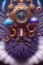 Placeholder: bearded man head with feathers, spheres, cubes, gears, clocks, engine parts, exhaust pipes, fur, peacock feathers, mechanism, in the style of Android Jones, gradient, bioluminescent, rococo, photorealistic, intricate details, 8k, purple and gold, digital painting, top light, illustration, trending on artstation