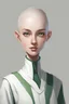 Placeholder: full length colour drawing, portrait, 22-year old friendly slender female human cleric, shaved head, light eyebrows, grey eyes, wearing white (10%) and dark green (80%)