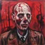 Placeholder: Mr Gein wearing his dead skin mask, dramatic, horror, by Jonathan Meese, 2D loose stroke oil painting, scary crimson hues, impressionism