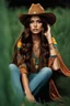 Placeholder: high fashion magazine, studio photography, portrait of a hippie cowgirl, young spanish beauty model, longer hair, beautiful face, beautiful skin advertising