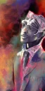 Placeholder: Snoop dogg sitting on a chair. pink houses, pink sky, pink smoke, moon, trees