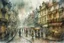 Placeholder: street with some people. Rain and fog. Rainy day. Jean-Baptiste Monge style, watercolor, ink. Picturesque and colorful. Modifiers: highly detailed intricate 8k beautiful award winning fantastic view very cute no watermark Yasek yerka