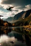 Placeholder: burung terbang diatas danau di gunung membawa ikan