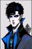 Placeholder: black haired blue eyed young man necromancer with gothic jewelry in the style of nagel