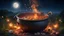 Placeholder: delicious stew bubbling in a cauldron suspended over heat, outside, night, stars, moon, fireflies, award-winning photograph, beautiful composition, exquisite detail and illumination