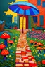 Placeholder: painting of a psychadelic colourful natural courtyard with brick road and grass, flowers and trees, mushrooms, round coffee table with shade and umbrella by van gogh and andy warhol infusion. mysterious