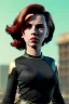 Placeholder: retro portrait image from 1960, city background, wind, long hair, fighting stance, young Scarlett Johansson, classic black tight lycra suit, metal stick weapon, gold bracelet and belt, high heel boots, soft color, highly detailed, unreal engine 5, ray tracing, RTX, lumen lighting, ultra detail, volumetric lighting, 3d, finely drawn, high definition, high resolution.