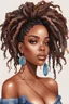 Placeholder: create a watercolor illustration of a curvy black female wearing Tight blue jeans and a hazel brown off the shoulder blouse. Prominent make up with long lashes and hazel eyes. She is wearing brown feather earrings. Highly detailed long black shiny dread locs in a bun that's flowing to the side.