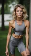 Placeholder: photography of a beautiful anorexic woman, grey satin triathlon top, sports illustrated, blond short wavy bob haircut, pronounced sternum, flat chest, anthracite cycling leggins