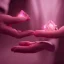 Placeholder: hands holding single pink crystal, on an altar in a foggy cave, cinematic,