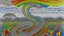 Placeholder: A light gray sky with rainbow serpents designed in Australian aboriginal art painted by Xul Solar