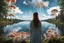 Placeholder: Photorealistic Photo Of A woman Looking Out Over A Lake With Mushrooms With Jellyfish Tentacles, Tall Narrow Cloud Trees In The Background