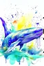 Placeholder: In an art realistic painterly a blue whale. Created with splashes and watercolour painting. No hard lines, under the sea, more free space, around the whale is a lot of fishes, dolphins, reflection of the ship on the surface