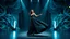 Placeholder: modern stage with gray-blue theme artistic decoration , color full dynamic lighting, a beautiful lady in modern maxy dark dark green dress with shining silver jwells dancing, 3D recursive fractal structure animating background