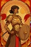 Placeholder: an anime drawing of a 40 year old thai woman. dark tan skin, toned and muscular. short in height. dark brown hair in a bob cut. she is wearing an armour over a beautiful thai gown. she has a sun themeing. and the color scheme is red and yellow. she is holding a shield and a sword