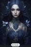 Placeholder: Dark blue hair, Water lilies long hair lotus night Fairy princess rapunzel hair queen crown dragonflies fireflies elven tiara flowers fairy wings gothic dark blue