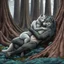 Placeholder: an anthropomorphic wolf-man hybrid in dark gray body hair and anthropomorphic wolf-female hybrid with pale gray body hair lie down hugging each other with paws on their backs on blue-green moss around brown huge trunks trees, raini day, high contrast, high detalied, high realistic, around in background giant tall alien trees, atmospheric, dark fantasy, sci-fi mood