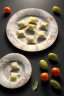 Placeholder: Raviolis, Italian Renaissance style still life consisting of a plate of Italian ravioli with natural cherry tomato and basil accompanied by olives, moisture ambient, natural ornaments, ceramic, marble, smooth, god rays, unreal engine 5, ray tracing, RTX, lumen lighting, ultra detail, volumetric lighting, 3d.