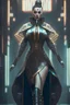 Placeholder: affluent caucasian female martial arts gown cyberpunk