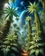 Placeholder: Forest of giant cannabis plants in a tropical setting, beautiful fantasy landscape, realistic and natural, cosmic sky, detailed full-color, nature, hd photography, fantasy by john stephens, galen rowell, david muench, james mccarthy, hirō isono, realistic surrealism, elements by nasa, magical, detailed, alien plants, gloss, hyperrealism