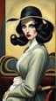 Placeholder: Fred Calleri, Tamara de Lempicka, Fabio Hurtado , retro style art ,muted colors, hard impressionists brushstrokes, full body portrait, mature, elegant vampire sorceress, highly detailed black hair and facial features, big round eyes, intimate, perfect anatomy, fading edges, combined with the photographic style of Diane Arbus