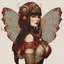 Placeholder: Full body, art nouveau woman with a bob with a fringe hairstyle, Cleopatra clothing, steampunk metal butterfly wings, red markings, black background