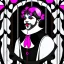 Placeholder: Storybook illustration of a Pierrot Clown, black and white with pink accents, Beardsely style, art nouveau elements, vintage drawing, pierrot vintage, black and white marble floor