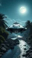 Placeholder: Close-up photo from the front straight. A spaceship with a lot of details design landed beside a winding rocky river below and two large coconut trees on the left and right zoom distance from the front. Even the gothic day the moonlight shines. Bright lighting.