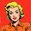 Placeholder: 50s comics, marilyn monroe in an orange shirt , red background
