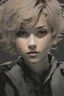 Placeholder: Portrait of a young female with short curly hair, and tan skin color, drawn in Yoji Shinkawa style, black and white with a gray background.