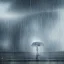 Placeholder: A princess standing in wait. Heavy cold rain. Thunderstorm. An engineer looking up. Futuristic scenary. Gray mist.