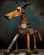 Placeholder: Illustration, comical dog created with disconnected shapes, shapes composed of flat rusted distressed metal panels. long irregular scalene triangle for head with oddly shaped ears, long neck connecting triangle head to oval body, with four legs and paws attached to body. A large rusted gear for the tail. whimsical, steampunk, dark distressed background.