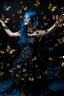 Placeholder: Girl with blue hair in black and gold dress dancing with butterflies