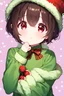 Placeholder: Anime style, Child girl, short brown hair, has red eyes, He has pink dots on his cheeks, wears a green shirt horizontally striped with yellow, He's in a snow-covered place, he's wearing a standard red Christmas hat,