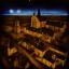 Placeholder: aerial wide view contemporary crime fiction, old stone church, French village at night, big sky, templar seal, occultism, dark, night, epic illustration, color wet plate