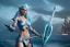 Placeholder: [Sea Elf] [Maormer] Hero Queen with [white hair] and [blue skin] wielding a blue glass greatsword on a ship with crew [fantasy] [realism] [Elder scrolls]