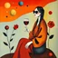 Placeholder: create an abstract surreal gouache painting inspired by Joan Miró, with symbolic shapes suggesting a woman in a robe with braided hair and sunglasses, sitting near a red rose, holding a glass of wine, abstract floating forms and playful cosmic shapes in a golden-red sunset palette --ar 16:9 --v 7 --style 4b --q 2