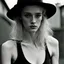 Placeholder: a black and white photo of a woman in a tank top, in style of alasdair mclellan, young and slender, (pits) ::5 , ukrainian, sweat, tomboy, pretty long hair, julia garner, full page periodical image, daguerrotype, in full growth, super model, flat grey, archived photograph --v 5.1 --ar 3:4