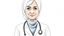 Placeholder: A doctor specializing in preventive medicine and hospital hygiene, wearing a hijab, white skin, reaching retirement age, without wrinkles, round face.