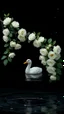 Placeholder: The image is a digital artwork that depicts a branch of tree of white roses and leaves tangling in to a water in the river with one white baby duck floats on the surface of the water, creating a wave-like effect. The background is black, which makes a branch of a tree of white roses stand out even more. Water droplets are scattered adding to the dreamy, ethereal quality of the image. The a