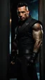 Placeholder: Jason David Frank as a Very muscular alpha male with short hair and tribal tattoo and piercings. Wearing a black designer suit , standing in a doorway. dark fantasy, hyperrealistic