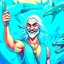 Placeholder: the sea god Poseidon, taking selfie with sharks, smiling, realistic, detailed,