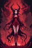 Placeholder: Demon girl wizard in front, fullbody, behind blood guts rising from the ground, horror, nightmare, galaxy, darkred tones, 8bits, pixel art,