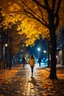 Placeholder: night yellow lights over the street trees autumn leaves under feet ,a Student adult girl with books in her hand walking in street turned back to talk to a boy walks after her few meters away her back