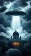 Placeholder: A ufo hovering above the White house hovering above swirling clouds, emerges from the heart of a raging storm. Turbulent winds of steam swirl around the iconic structure, lit by shafts of sunlight that cast dramatic shadows on the A large UFO spacecraft hovering over the White House surrounding clouds. A storm rages and thunder lights up the dark sky, yet the mosque remains calm and quiet, its green dome a beacon of peace in the midst of chaos.